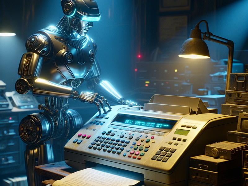 Futuristic Robot Analyzing Fax Machine