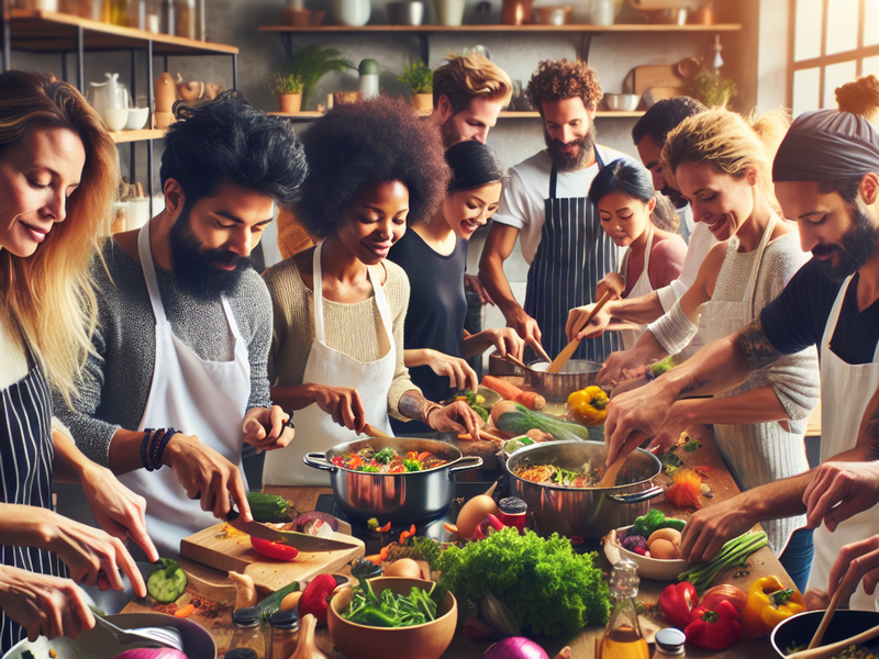 Group cooking in a modern kitchen